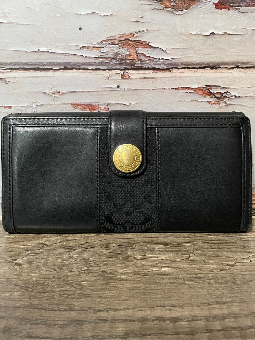 Coach Black Signature Continental Wallet with Gold-Tone Snap